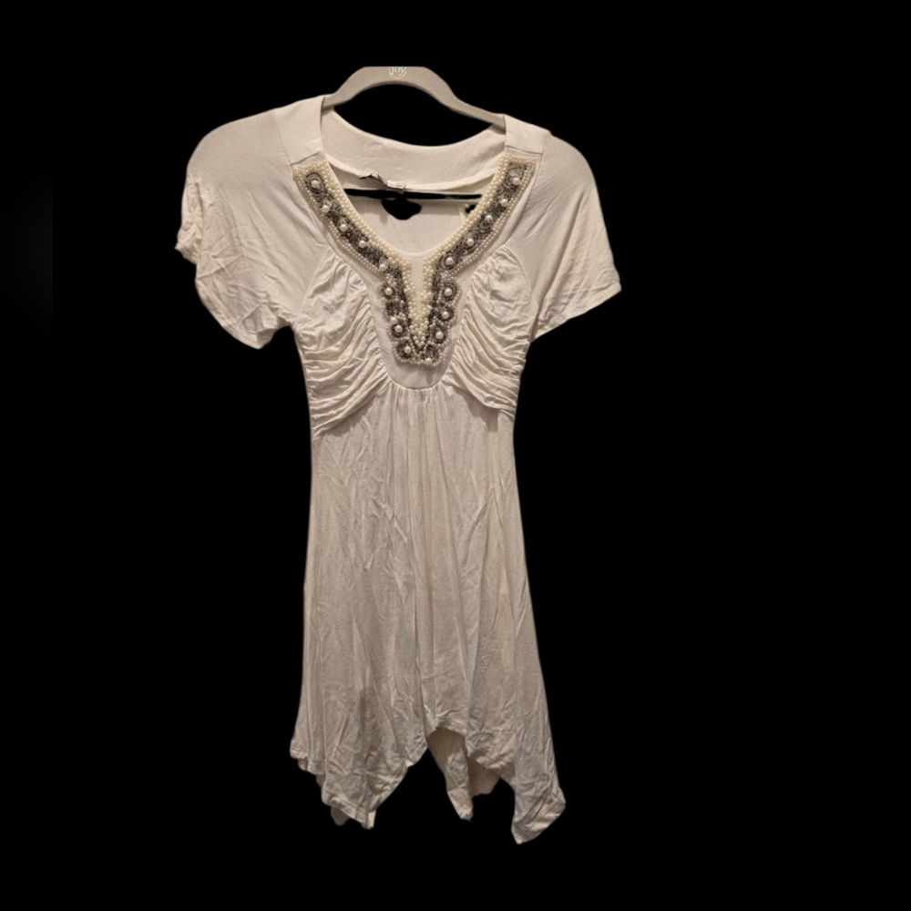 Vintage Y2K Top XS Moa Moa White Beaded Short Sleeve Stretchy Pearl Asymmetrical